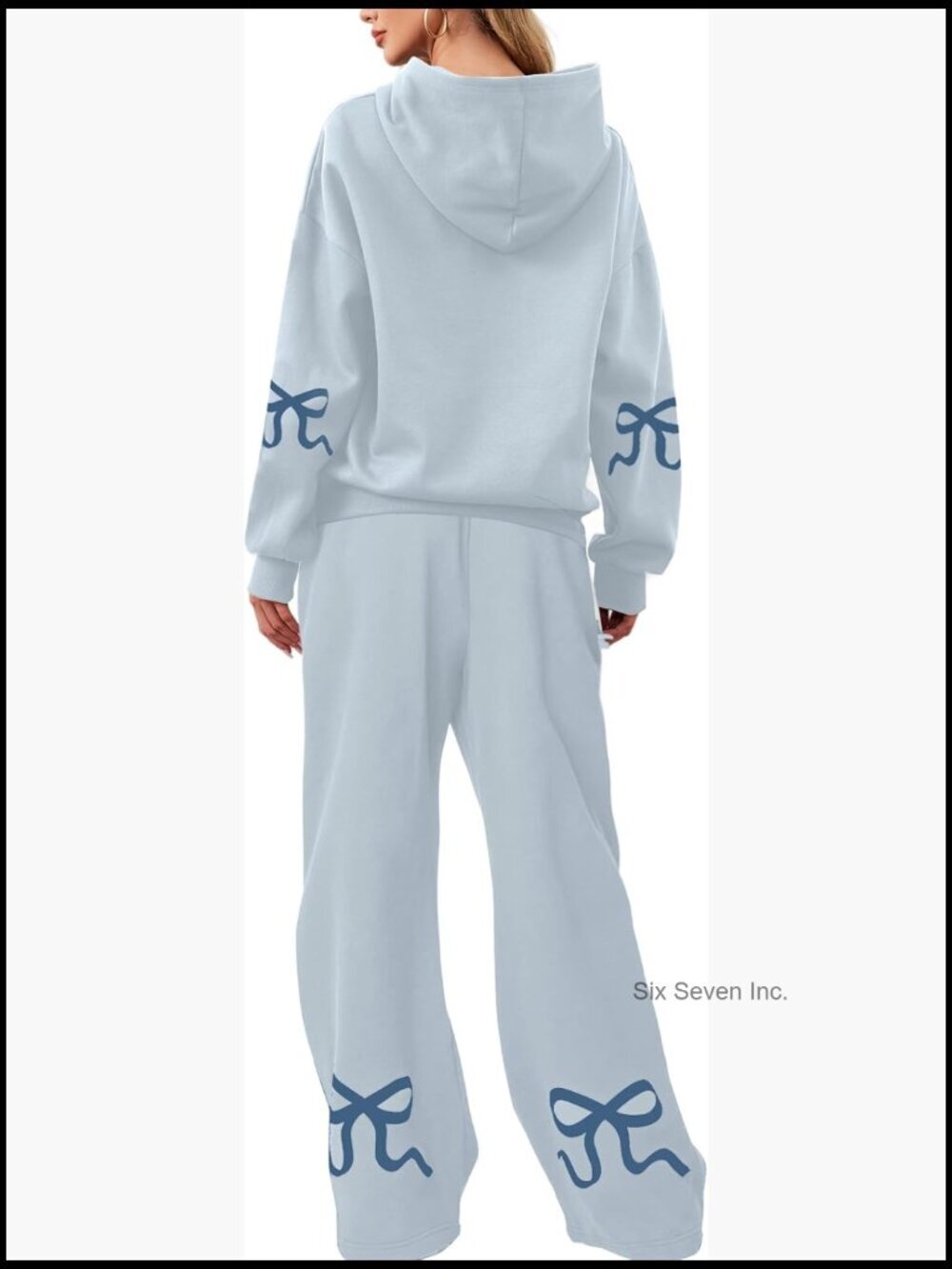 2 Piece Outfits Bow Trim Print Hoodie Sweatsuit Sets Oversized Sweatshirt Wide